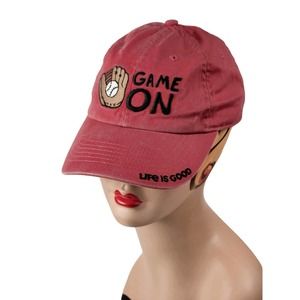 Life is Good "Game On" Red Embroidered Baseball Hat with Velcro Adjustment